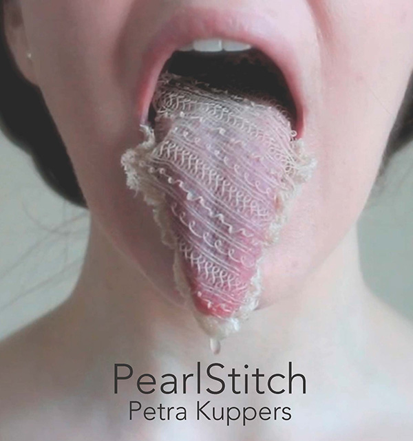 a white woman sticking out her tongue, covered in a lace stocking, book cover with 'PearlStitch' on the image